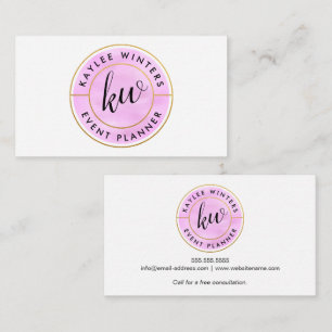 Gold Foil Look and Pink Watercolor Curved Text Business Card
