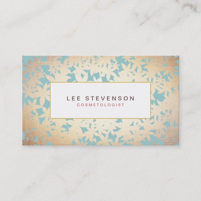 Gold Foil Look and Turquoise Floral Pattern Business Card (Front)