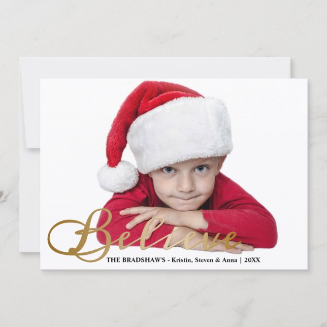 Gold Foil-Look Believe Christmas Photo Holiday Card (Front)