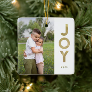 Gold Foil Look JOY Christmas Photo Ceramic Ornament
