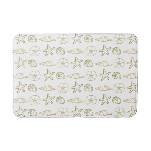 Gold Foil Look Sea Shells Chic Beach Elegant White Bath Mat (Front)