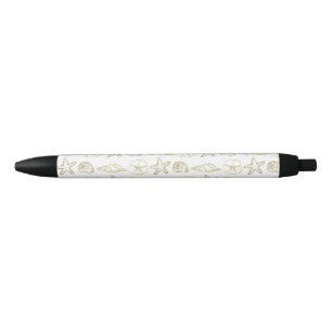Gold Foil Look Sea Shells Chic Beach Elegant White Black Ink Pen
