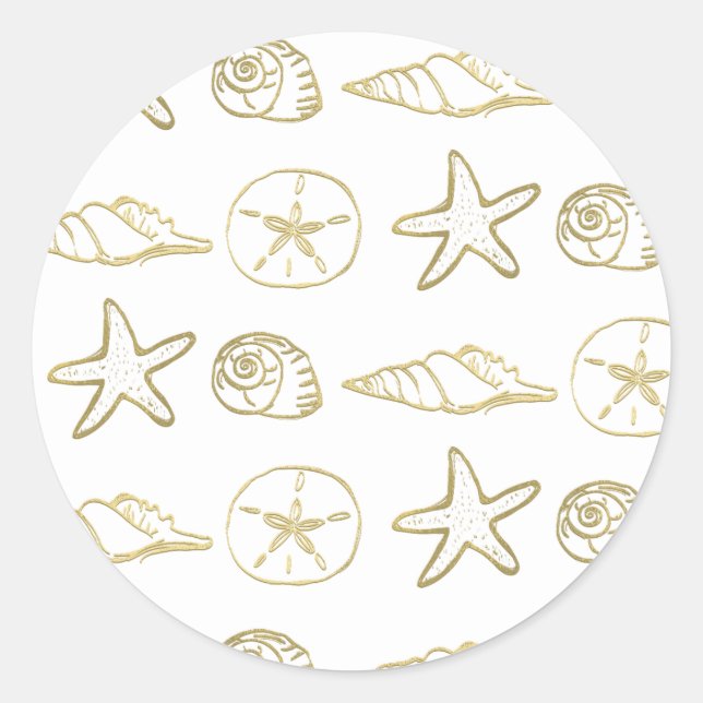 Gold Foil Look Sea Shells Chic Beach Elegant White Classic Round Sticker (Front)