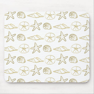 Gold Foil Look Sea Shells Chic Beach Elegant White Mouse Mat