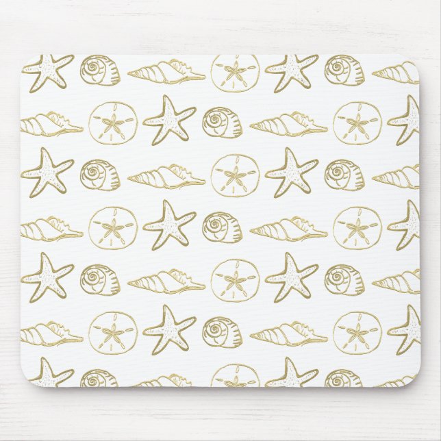Gold Foil Look Sea Shells Chic Beach Elegant White Mouse Mat (Front)