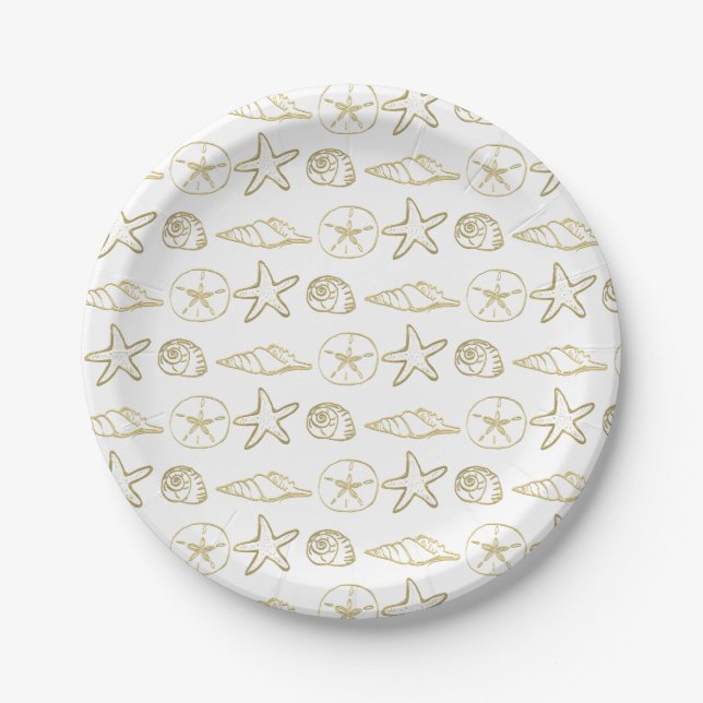 Gold Foil Look Sea Shells Chic Beach Elegant White Paper Plate (Front)