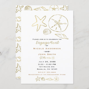 Gold Foil Look Sea Shells Chic Beach Engagement Invitation