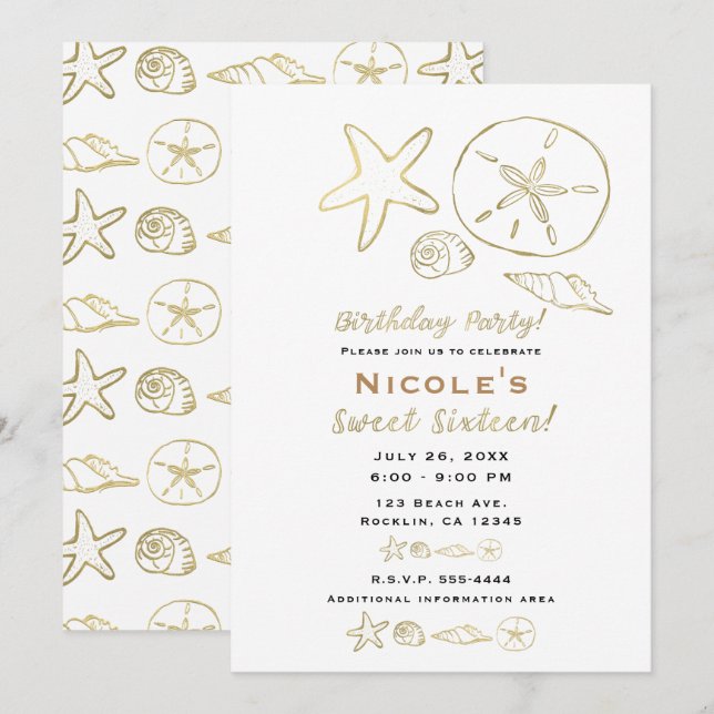 Gold Foil Look Sea Shells Chic Beach Sweet 16 Invitation (Front/Back)