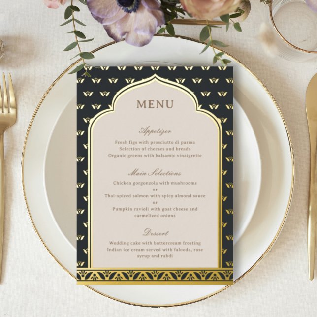 Gold Foil Lotus Flower Indian Wedding Menu Card (Black indian wedding reception menu, hindu wedding party menu, sangeet menu, mehndi menu, dholki)