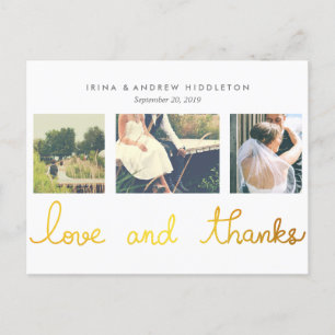 Gold Foil Love And Thanks Script Three Photos Postcard