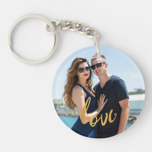 Gold Foil Love Script Custom Photo Key Ring (Front)
