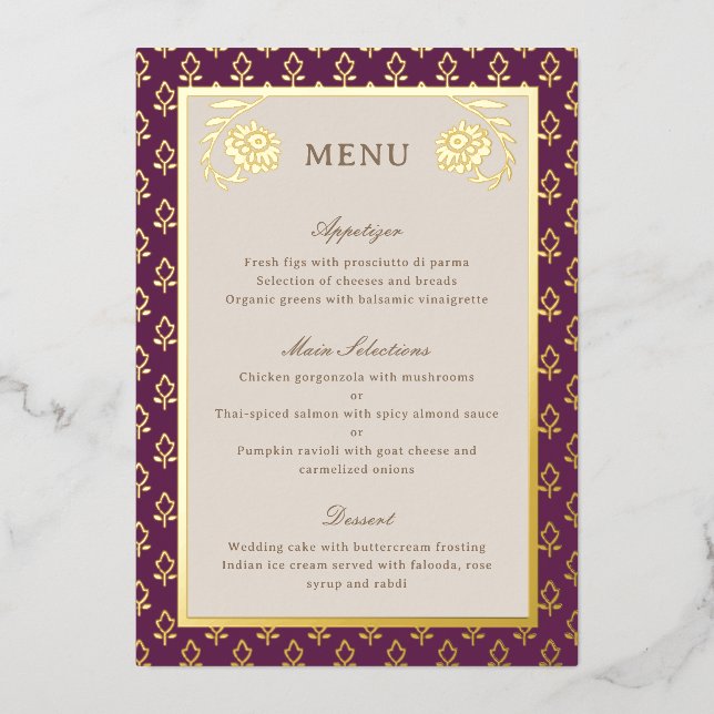 Gold Foil Marigold Flower Wedding Menu Card (Front)