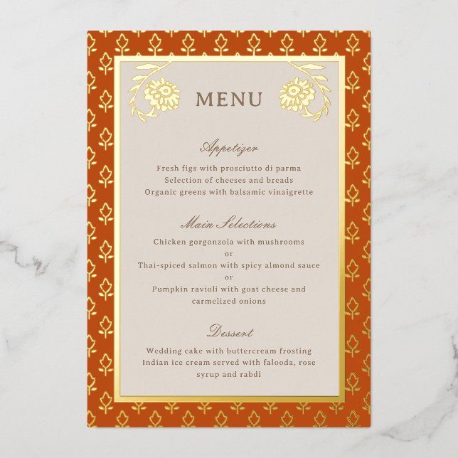 Gold Foil Marigold Flower Wedding Menu Card (Front)
