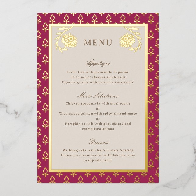 Gold Foil Marigold Flower Wedding Menu Card (Front)