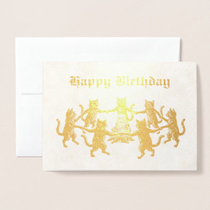 Gold Foil Medieval Dancing Cats Wicca Birthday Card