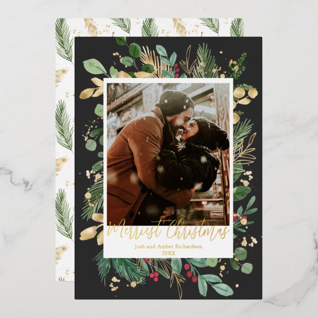Gold foil Merriest Christmas black gold red holly Holiday Card (Front/Back)