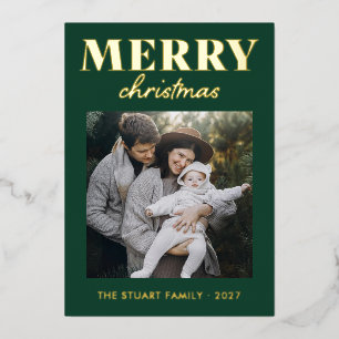 Gold Foil Merry Chrismas Family Photo Modern Green Holiday Card