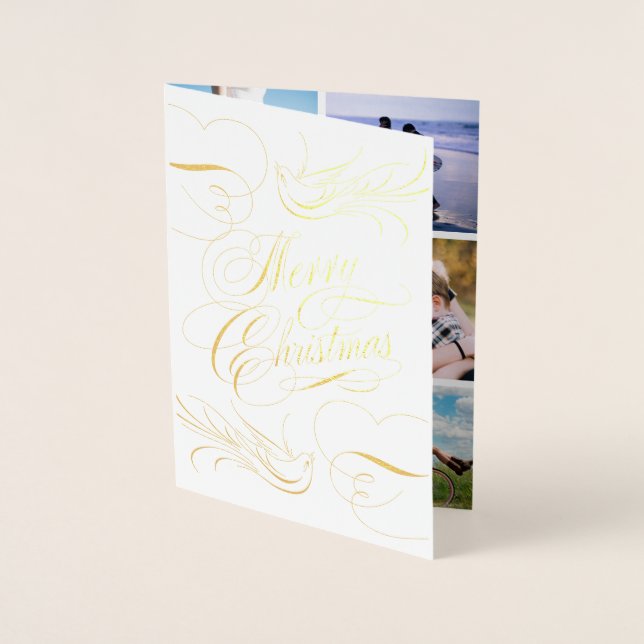 Gold Foil Merry Christmas Calligraphy Doves Photo Card (Front)