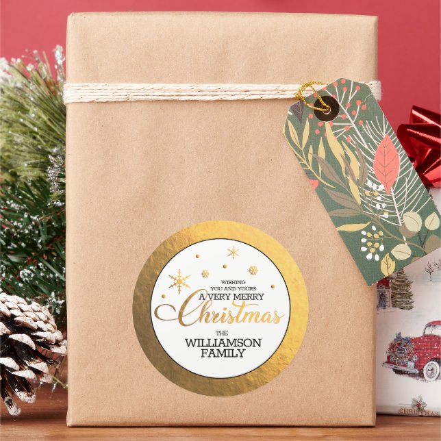 Gold Foil Merry Christmas Classic Round Sticker (Holiday)