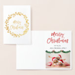 Gold Foil Merry Christmas Garland Photo Card<br><div class="desc">Gold Foil Christmas Wreath Hand Lettered Script Garland Photo Card. The photo and text of this Christmas Card can be updated and customised with your photo and name. This card displays your name on the inside of the Gold Foil Christmas Card.</div>