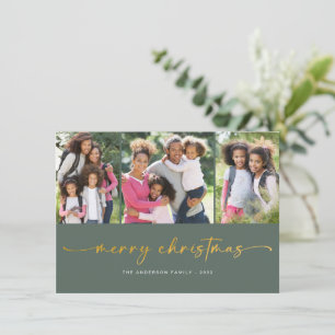 Gold Foil Merry Christmas   Modern Three Photo Holiday Card