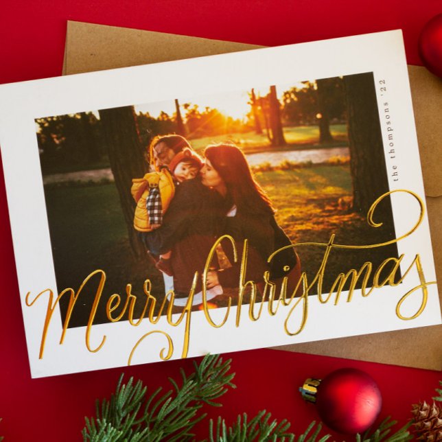 Gold Foil Merry Christmas Script Lettering Photo Foil Holiday Card (Creator Uploaded)