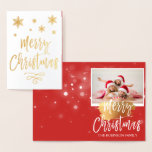 Gold Foil Merry Christmas Snowflake Photo Card<br><div class="desc">Gold Foil Christmas Hand Lettered Script Snowflake Photo Card. The photo and text of this Christmas Card can be updated and customised with your photo and name. This card displays your name on the inside of the Gold Foil Christmas Card.</div>