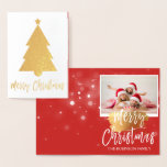 Gold Foil Merry Christmas Tree Photo Card<br><div class="desc">Gold Foil Christmas Tree Red  Hand Lettered Script Snowflake Photo Card. The photo and text of this Christmas Card can be updated and customised with your photo and name. This card displays your name on the inside of the Gold Foil Christmas Card.</div>