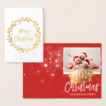 Gold Foil Merry Christmas Wreath Photo Card<br><div class="desc">Gold Foil Christmas Wreath Hand Lettered Script Snowflake Photo Card. The photo and text of this Christmas Card can be updated and customised with your photo and name. This card displays your name on the inside of the Gold Foil Christmas Card.</div>