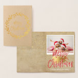 Gold Foil Merry Christmas Wreath Photo Card<br><div class="desc">Gold Foil Christmas Wreath Hand Lettered Script Craft Paper Photo Card. The photo and text of this Christmas Card can be updated and customised with your photo and name. This card displays your name on the inside of the Gold Foil Christmas Card.</div>