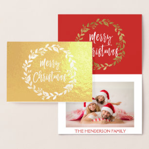 Gold Foil Merry Christmas Wreath Photo Card