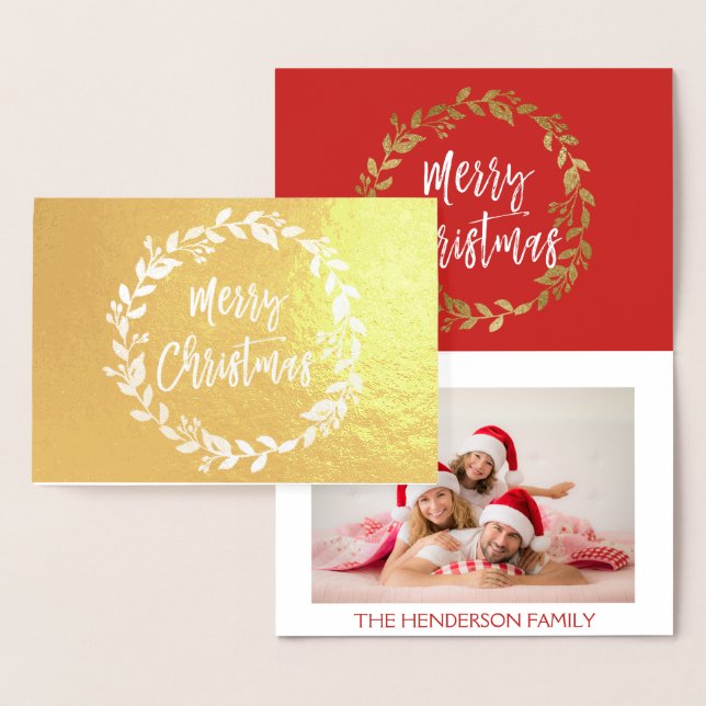 Gold Foil Merry Christmas Wreath Photo Card (Display)