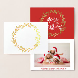 Gold Foil Merry Christmas Wreath Photo Card