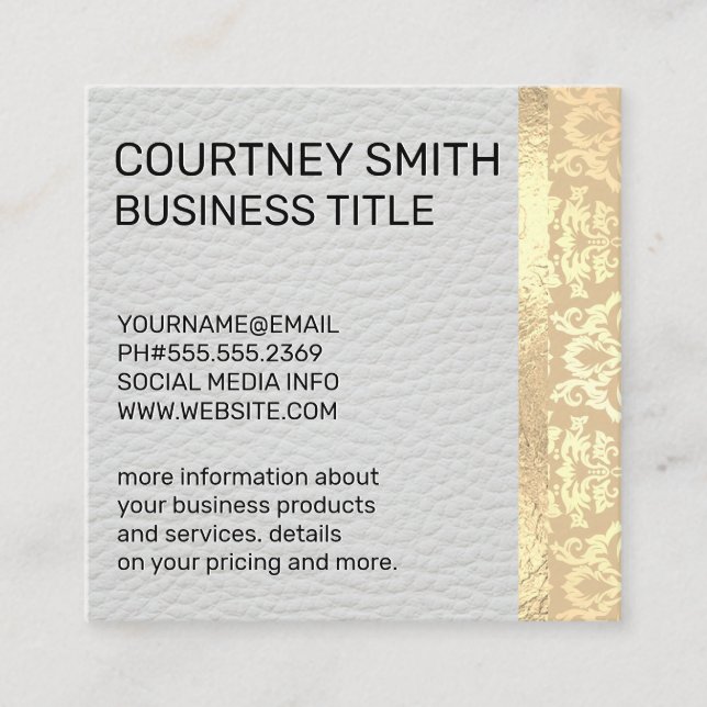 Gold Foil Metallic Trim Damask White Leather Square Business Card (Front)