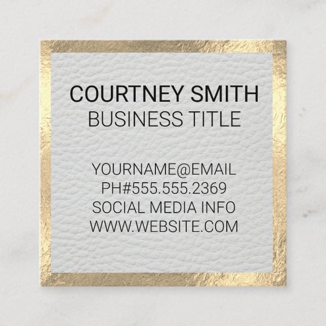 Gold Foil Metallic Trim White Leather Square Business Card (Front)