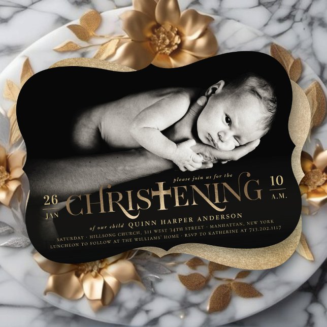 Gold Foil Modern Bold Cross Christening Religious Invitation (Faux Gold Foil Modern Classic Bold Cross Stylish Christening Photo Invitation @ fat_fa_tin)