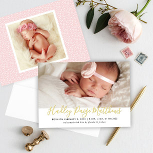 Gold Foil Modern Script Photo Birth Announcement