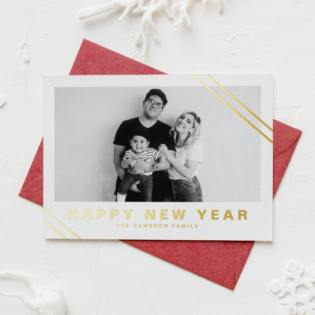 Gold Foil Modern Stripes Photo Happy New Year Foil Holiday Card (Creator Uploaded)