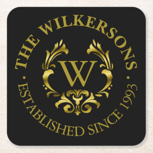 Gold Foil Monogram Emblem   Choose Your Colour Square Paper Coaster