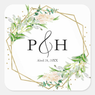 Gold Foil Monogram Geometric Greenery Wedding Square Sticker