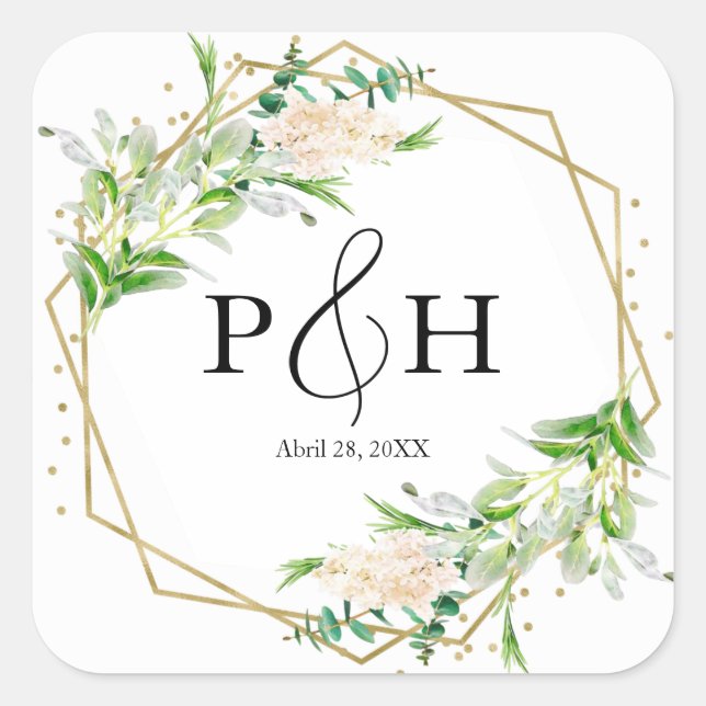 Gold Foil Monogram Geometric Greenery Wedding Square Sticker (Front)