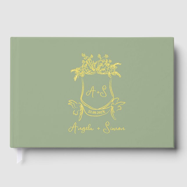 Gold Foil Monogram Sage Green Wedding Guest Book  (Front)