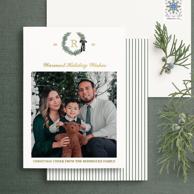 Gold Foil Monogram Wreath Crest Photo Holiday Card (Creator Uploaded)