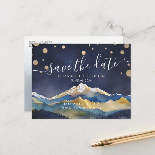 Gold Foil Mountains Wedding Photo Save the Date Announcement Postcard (Front/Back In Situ)