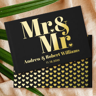 Gold foil Mr. and Mr. typography black gay wedding Guest Book