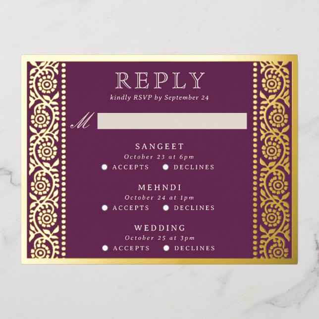 Gold Foil Multi Event Floral Wedding RSVP Card (Front)