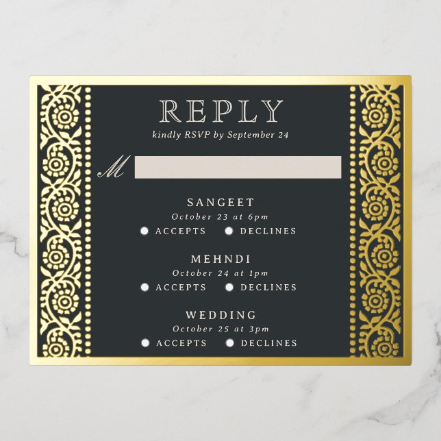 Gold Foil Multi Event Floral Wedding RSVP Card (Front)