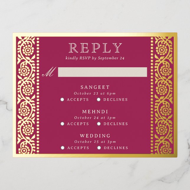 Gold Foil Multi Event Floral Wedding RSVP Card (Front)