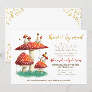 Gold foil mushroom & bees baby shower by mail invitation