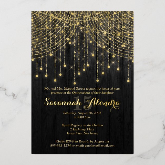 Gold Foil Name - Black, Gold Quinceañera Invite (Front)